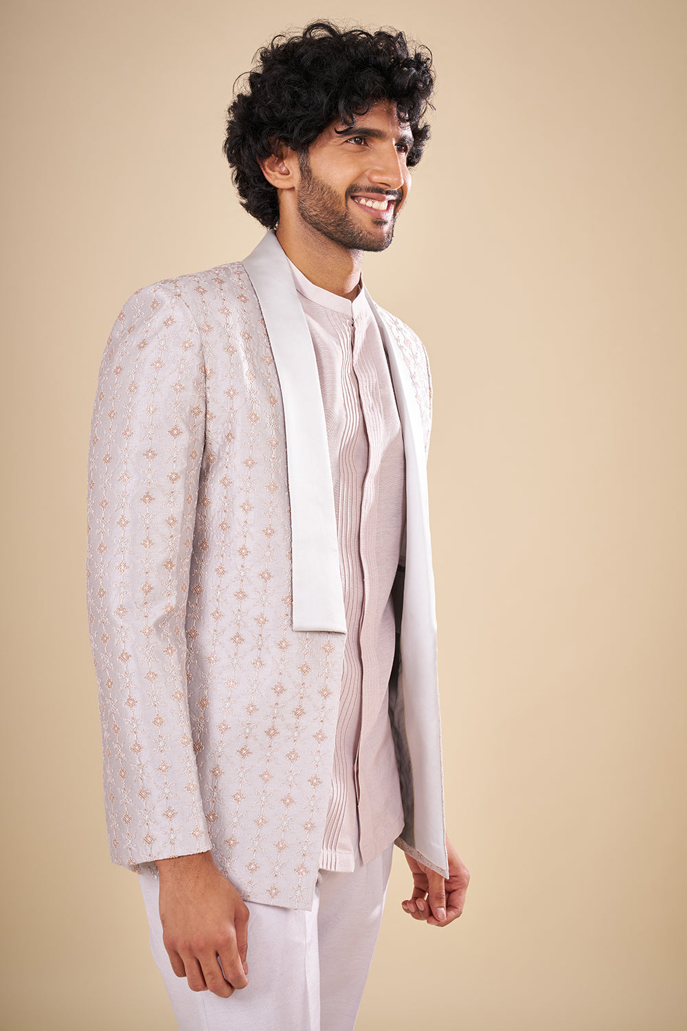 Lilac and Silver Satin Jacket Set with Sequin Work