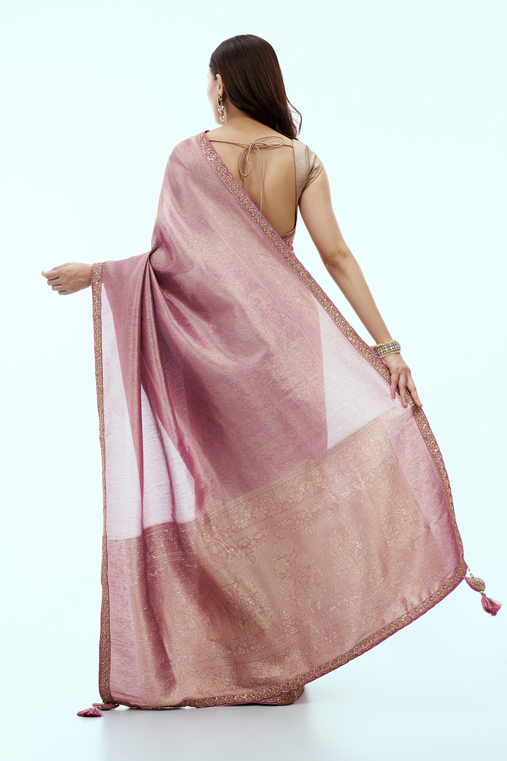 Lilac Banarasi Silk Saree with Resham Work and Tassels