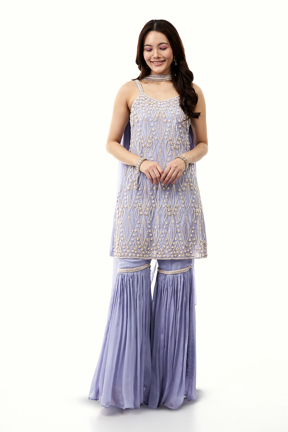 Lilac Chinon Sharara Set with Moti and Cutdana Work