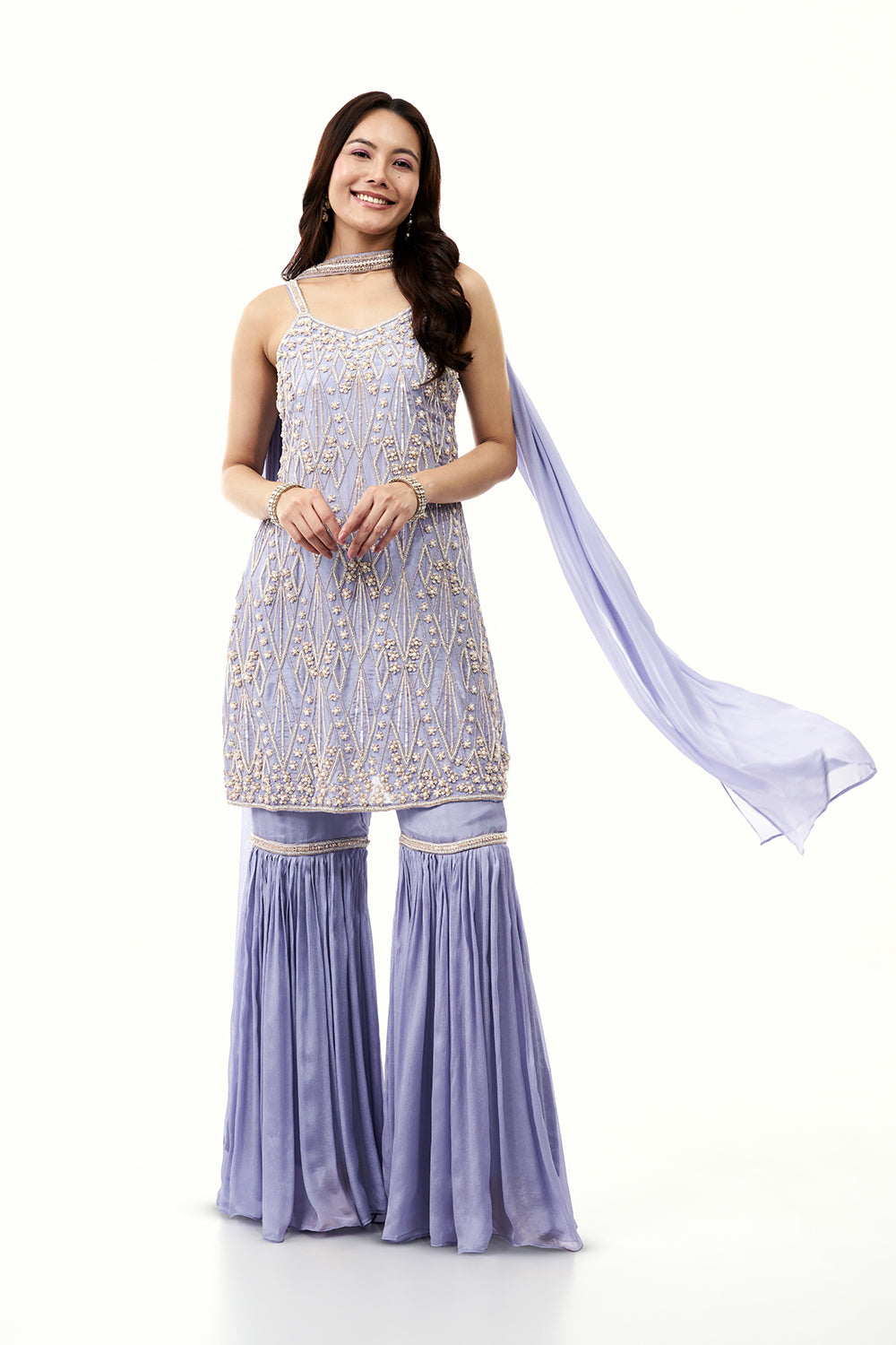 Lilac Chinon Sharara Set with Moti and Cutdana Work