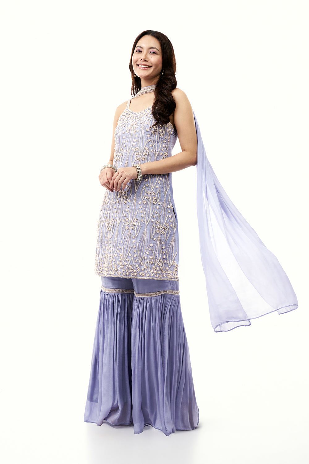 Lilac Chinon Sharara Set with Moti and Cutdana Work