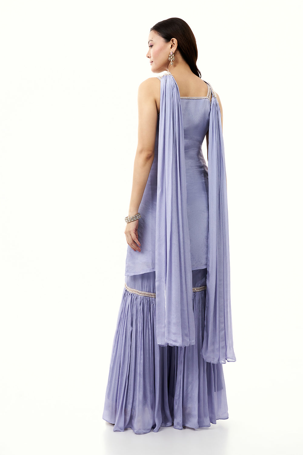 Lilac Chinon Sharara Set with Moti and Cutdana Work