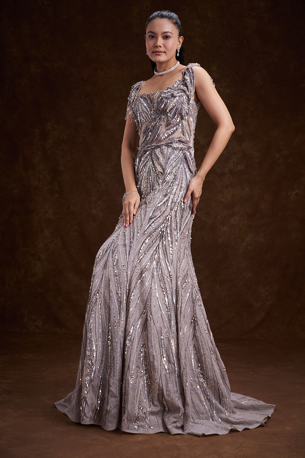 Lilac Compact Jute Gown with Cutdana and 3D Patch Work