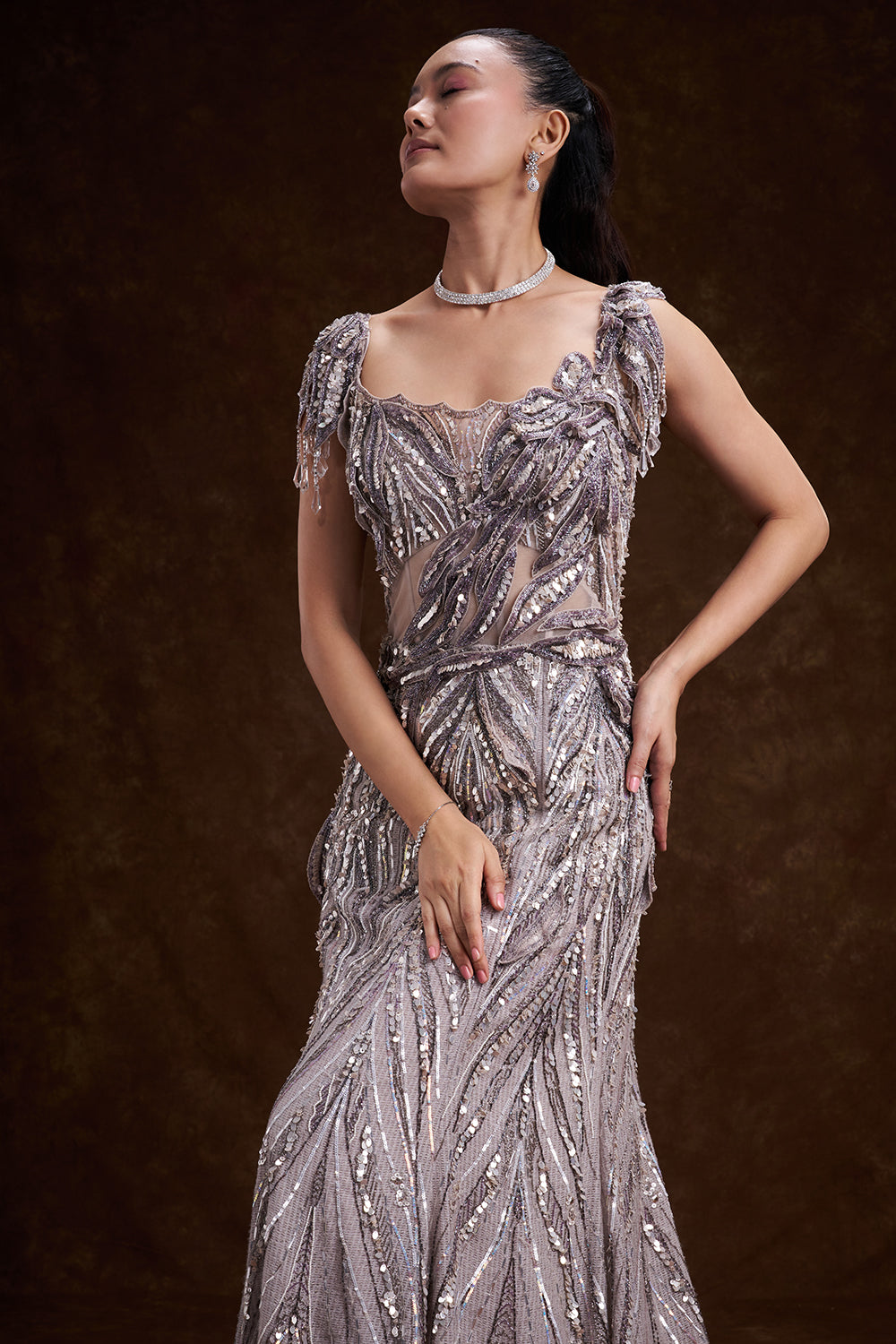 Lilac Compact Jute Gown with Cutdana and 3D Patch Work