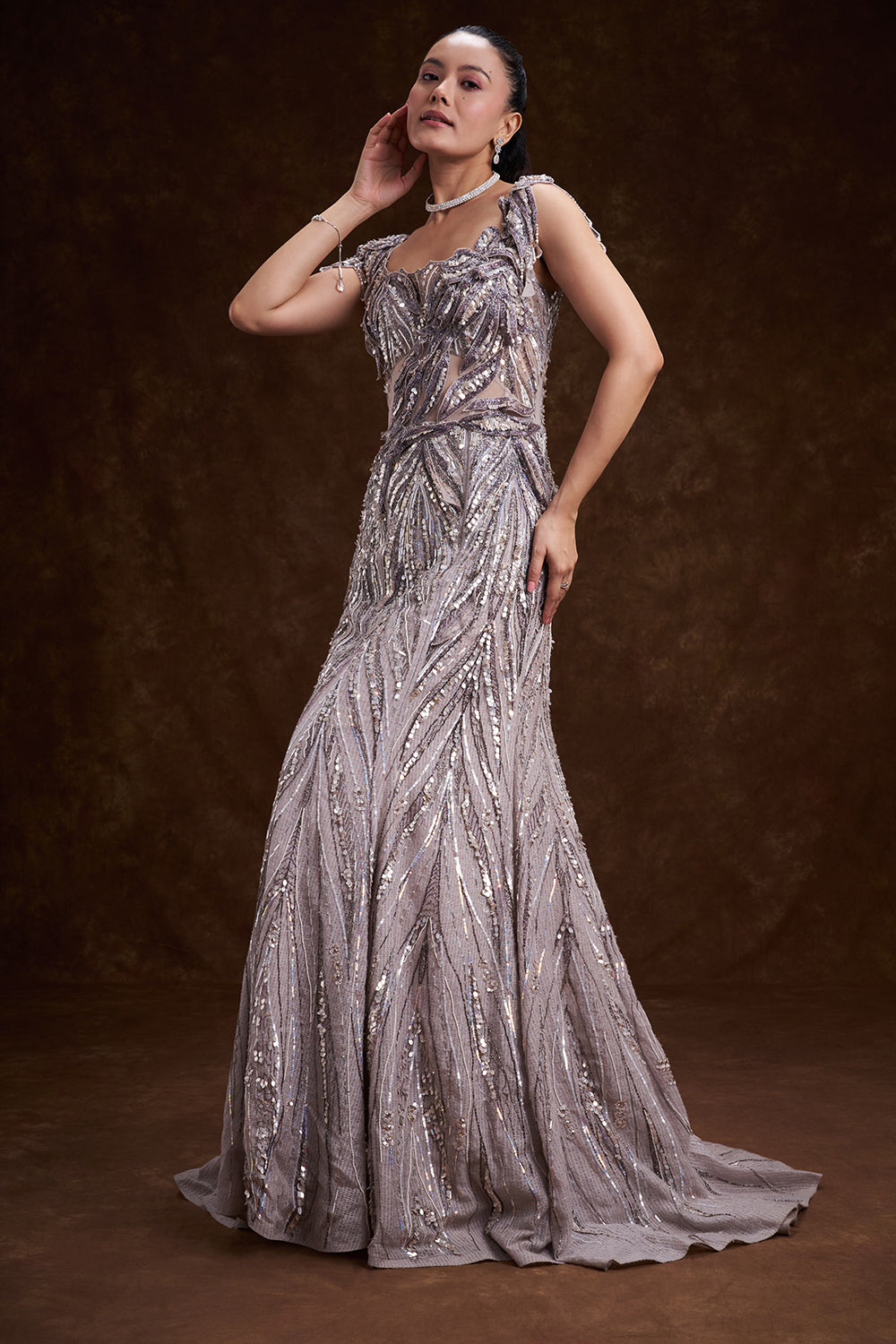 Lilac Compact Jute Gown with Cutdana and 3D Patch Work