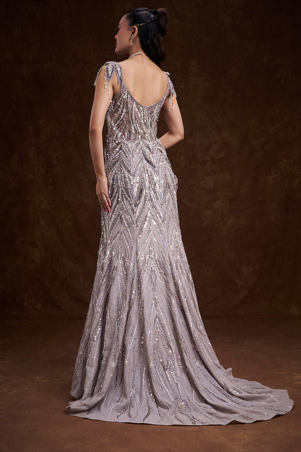 Lilac Compact Jute Gown with Cutdana and 3D Patch Work