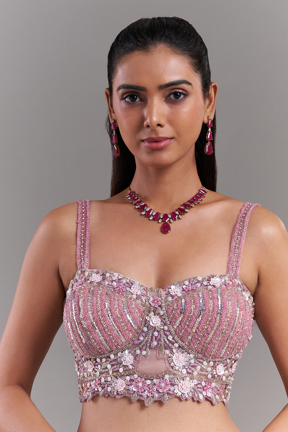 Lilac Dupion Silk Blouse with Pearl Floral Detailing