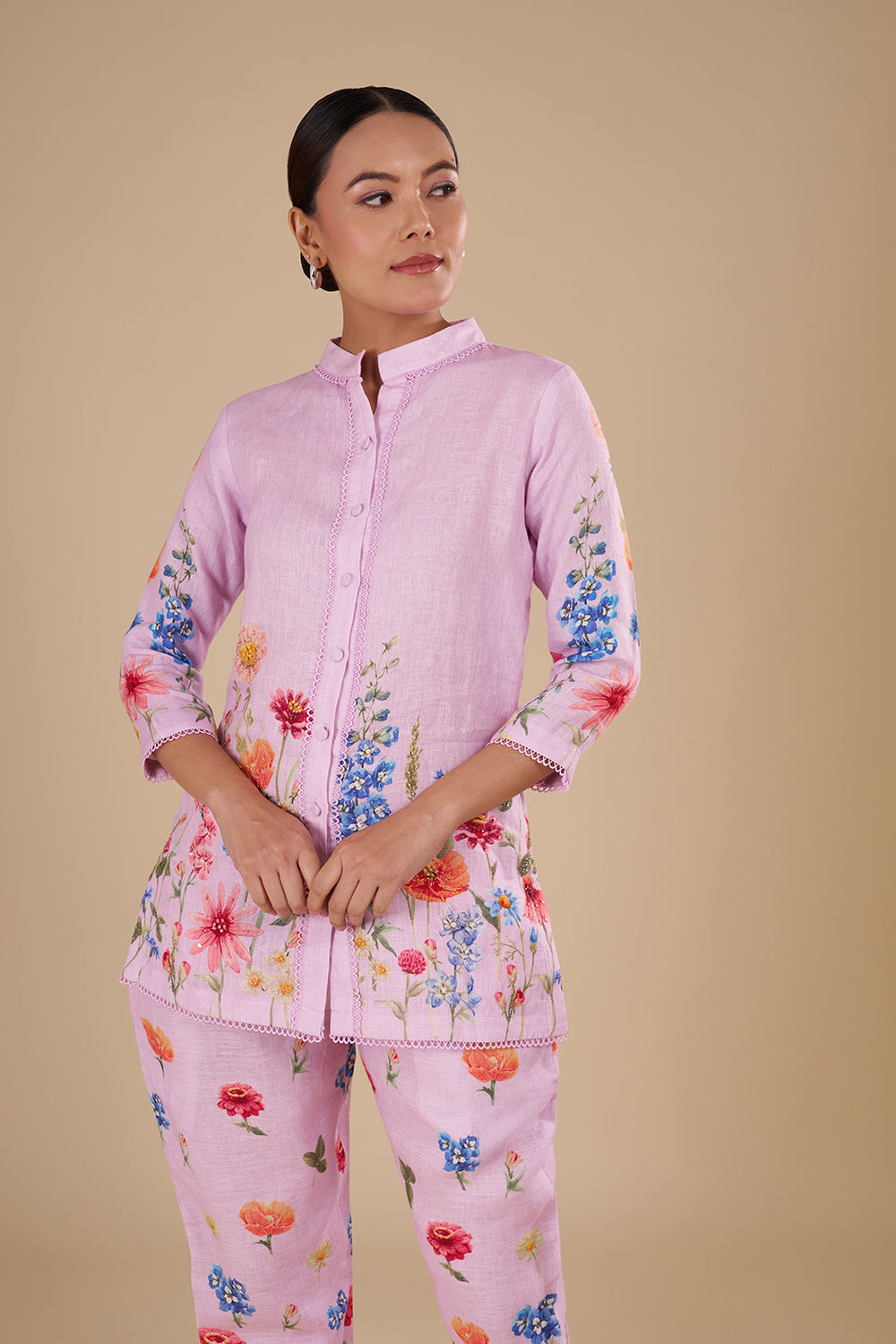 Lilac Linen Co-ord Set with Floral Print & Embellishment