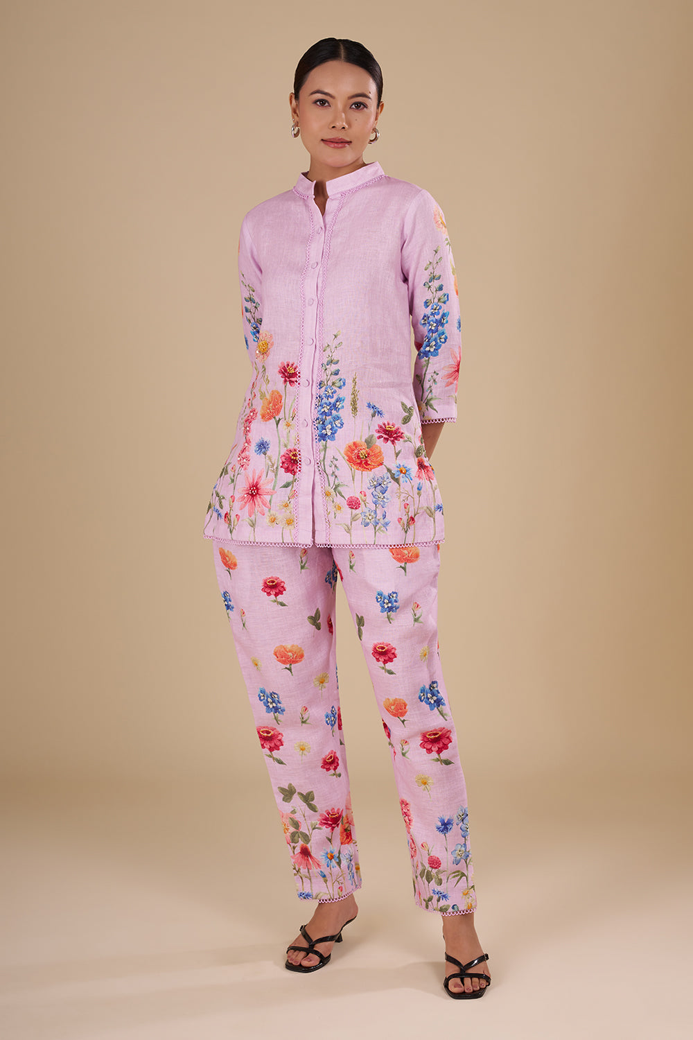 Lilac Linen Co-ord Set with Floral Print & Embellishment
