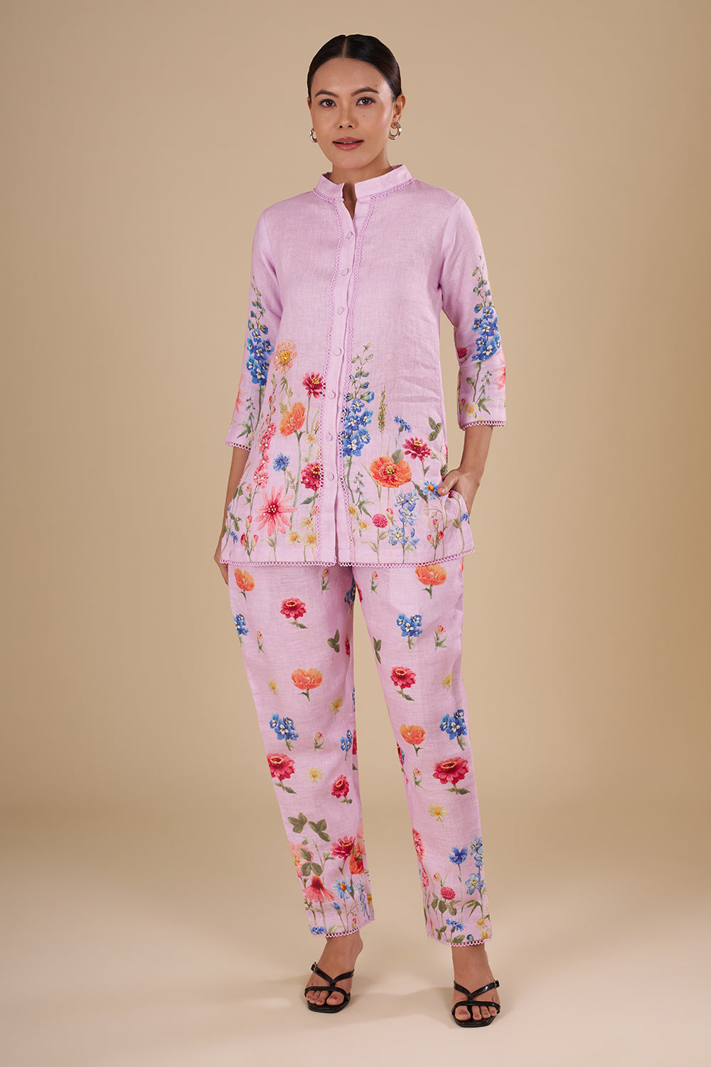 Lilac Linen Co-ord Set with Floral Print & Embellishment