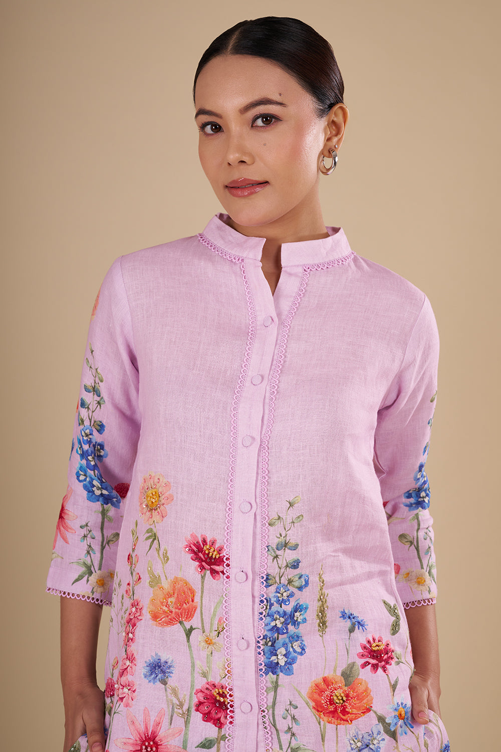 Lilac Linen Co-ord Set with Floral Print & Embellishment