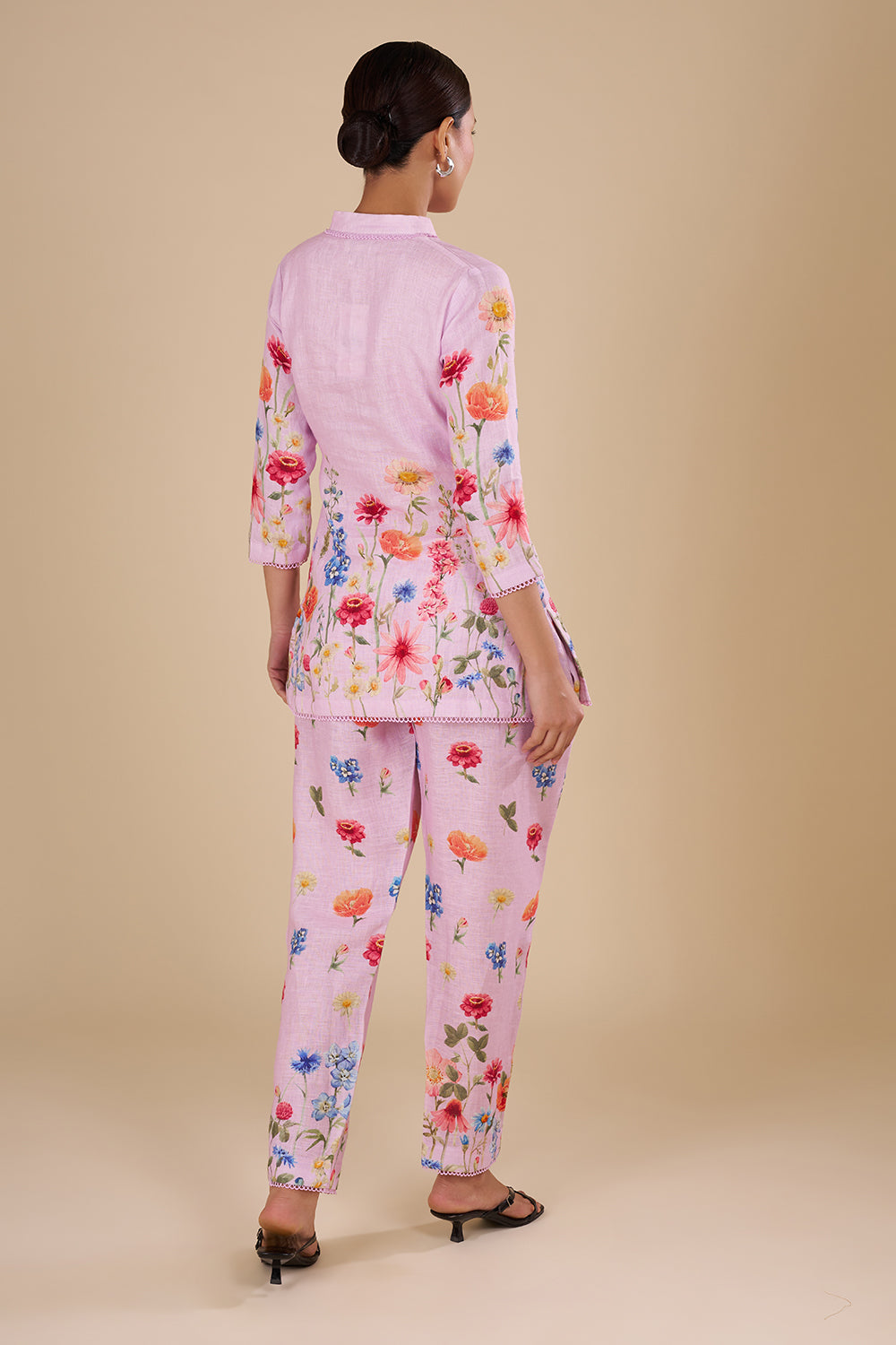 Lilac Linen Co-ord Set with Floral Print & Embellishment