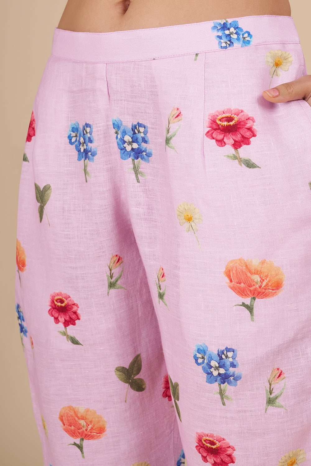 Lilac Linen Co-ord Set with Floral Print & Embellishment