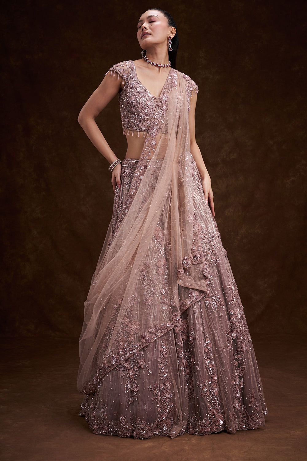 Lilac Net Bridal Lehenga with 3D Floral Work