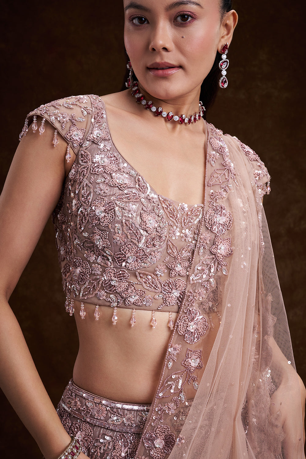 Lilac Net Bridal Lehenga with 3D Floral Work