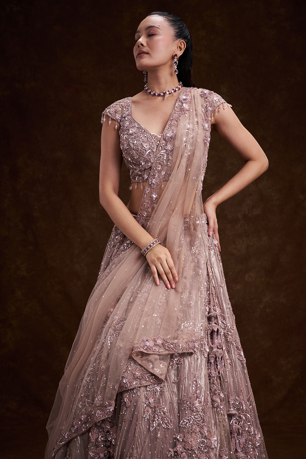 Lilac Net Bridal Lehenga with 3D Floral Work