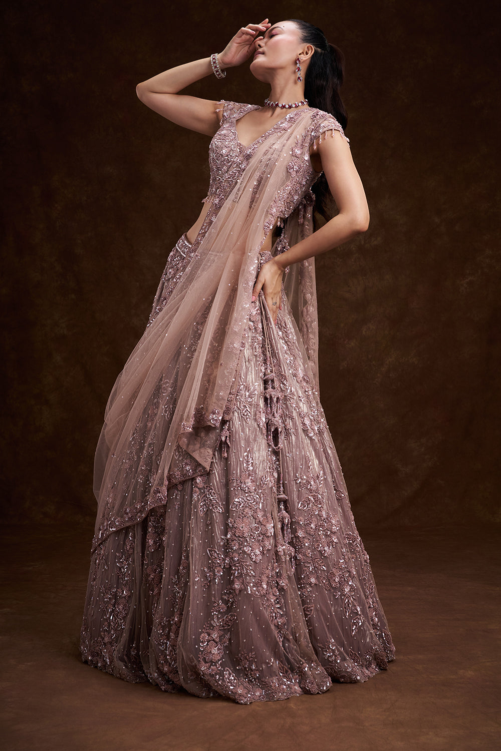 Lilac Net Bridal Lehenga with 3D Floral Work