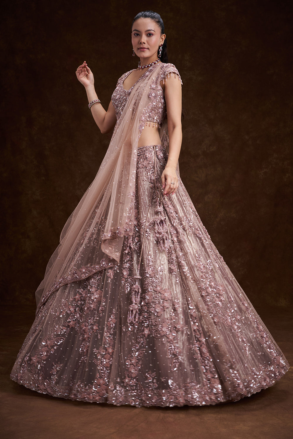 Lilac Net Bridal Lehenga with 3D Floral Work