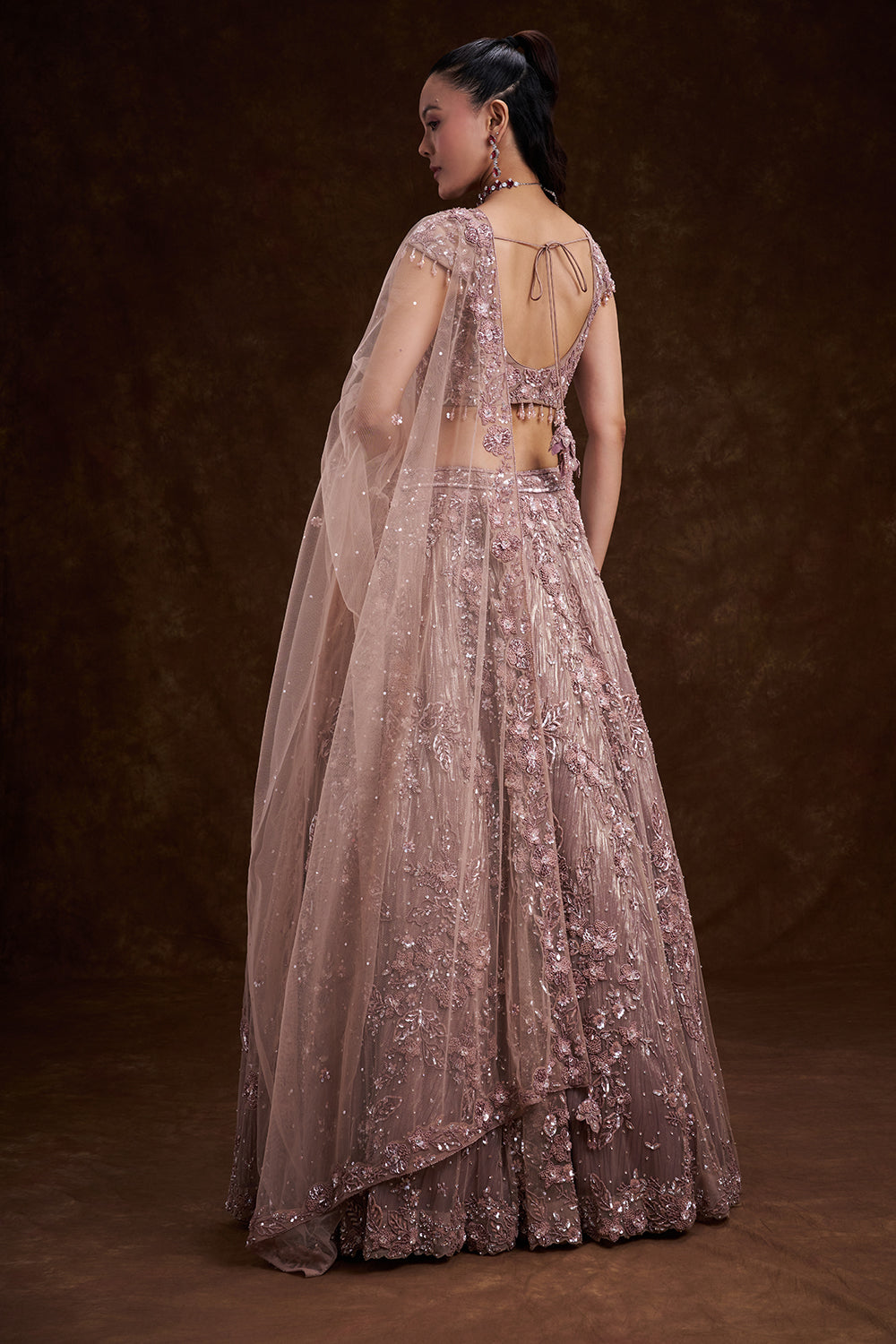 Lilac Net Bridal Lehenga with 3D Floral Work