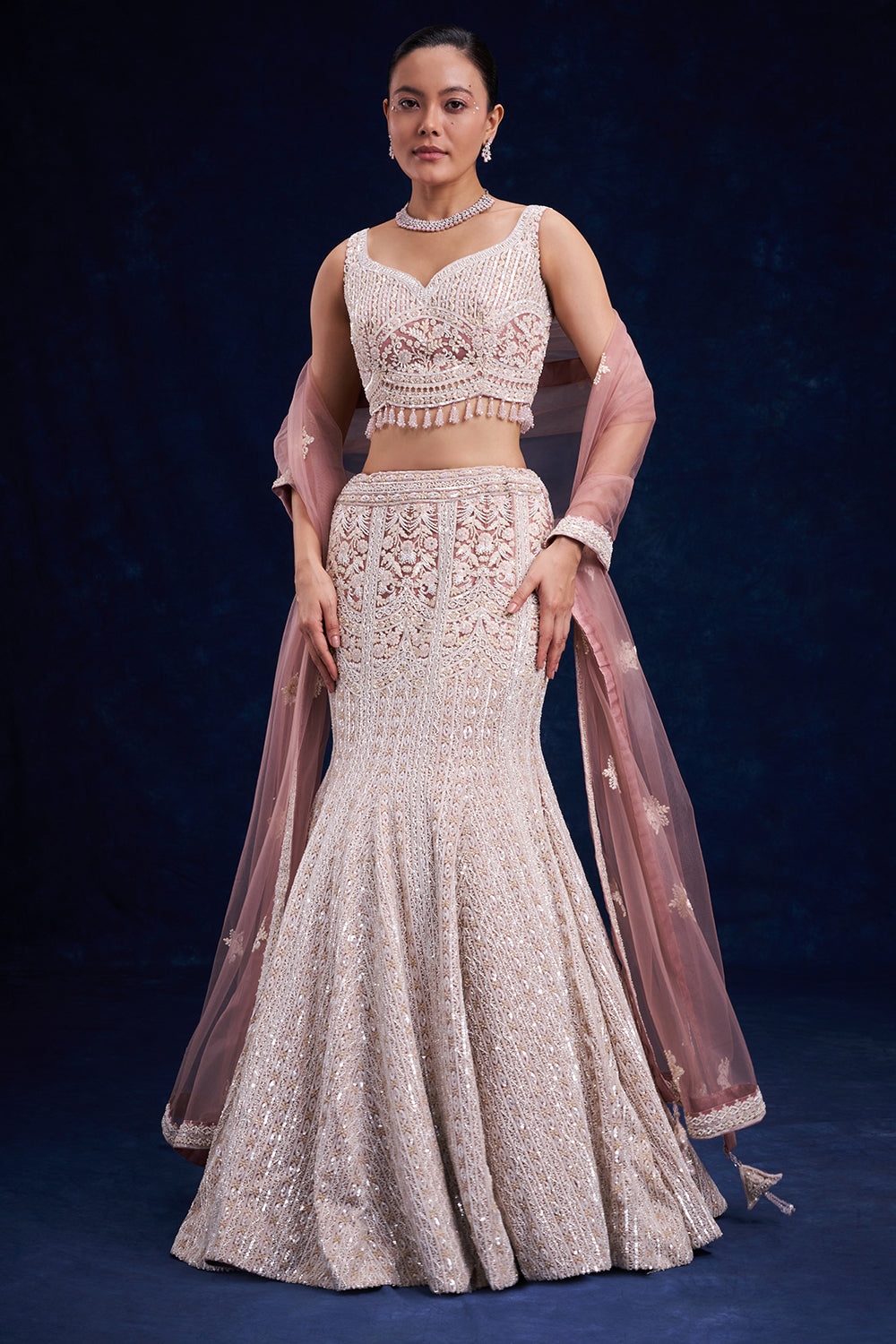 Lilac Net Bridal Lehenga with Pearl and Cutdana Work