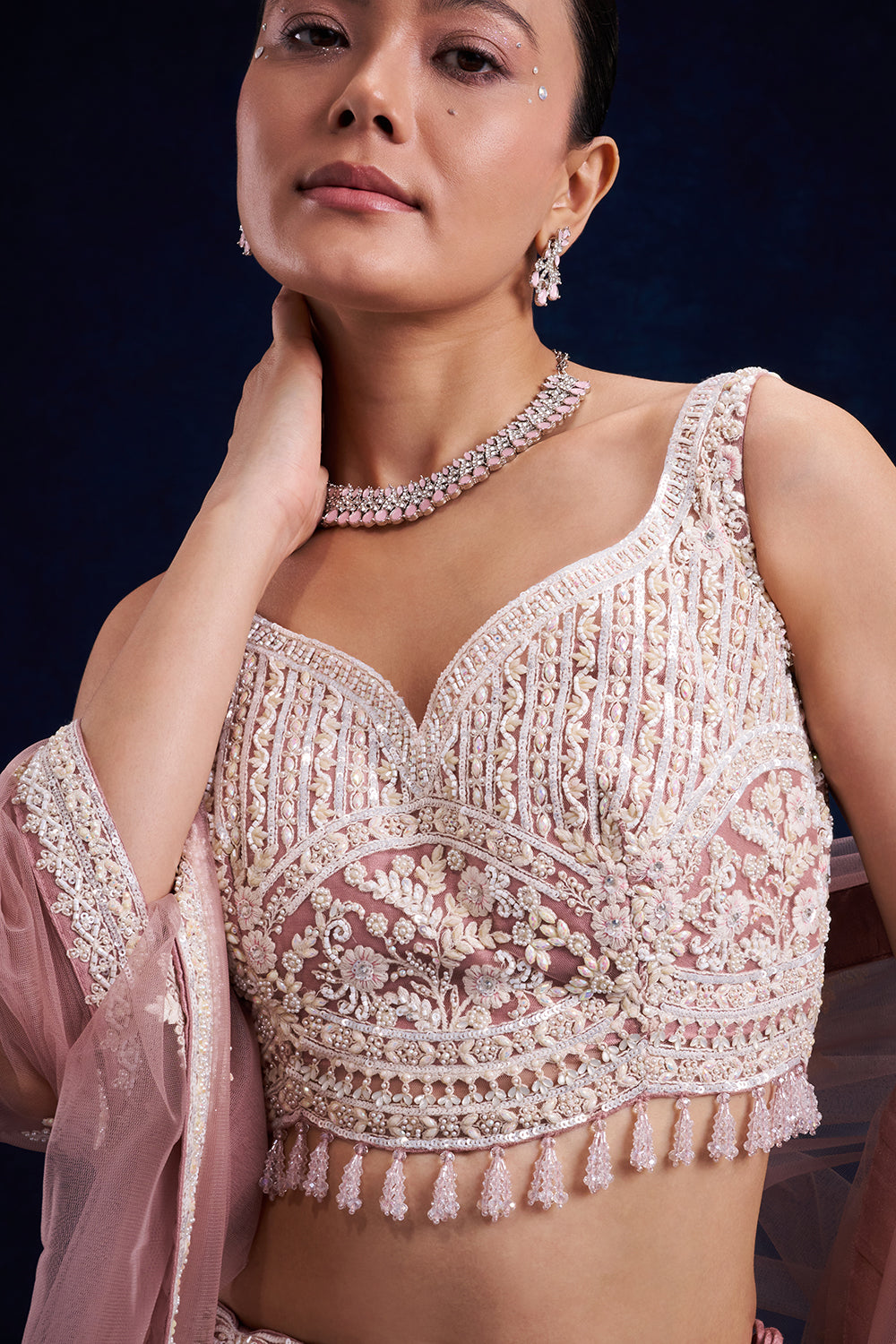 Lilac Net Bridal Lehenga with Pearl and Cutdana Work