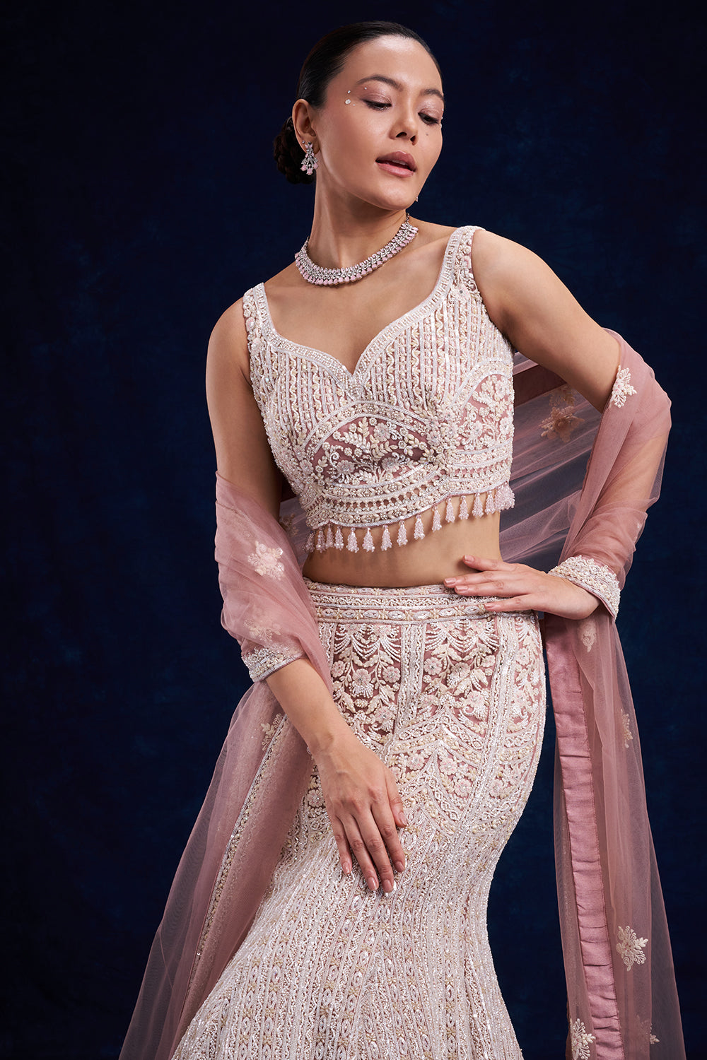 Lilac Net Bridal Lehenga with Pearl and Cutdana Work