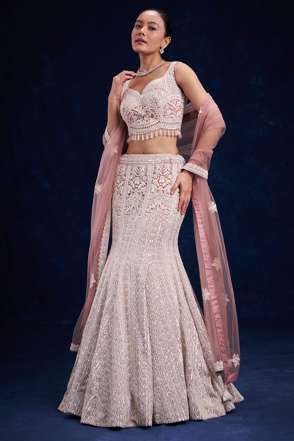 Lilac Net Bridal Lehenga with Pearl and Cutdana Work