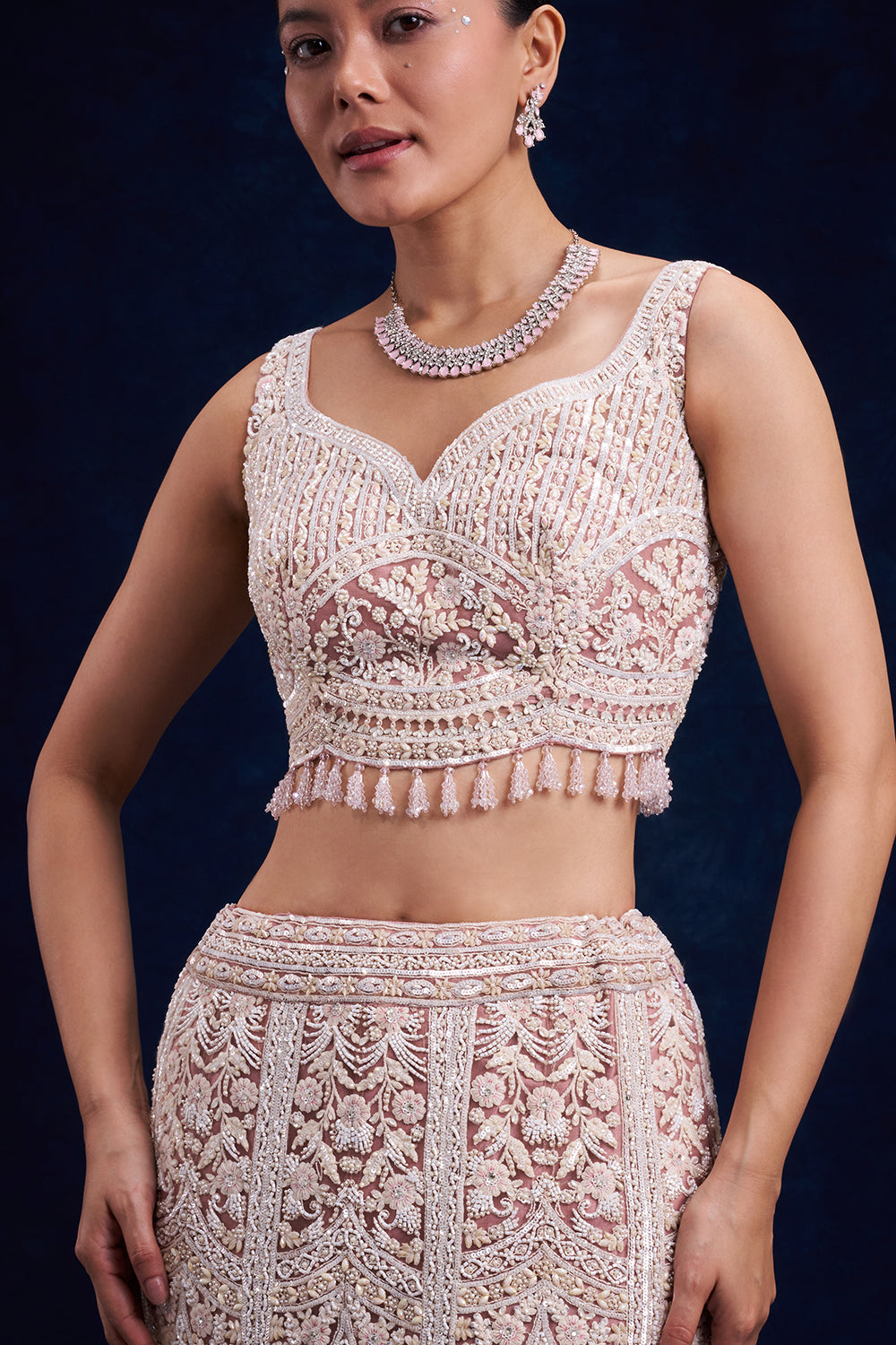 Lilac Net Bridal Lehenga with Pearl and Cutdana Work