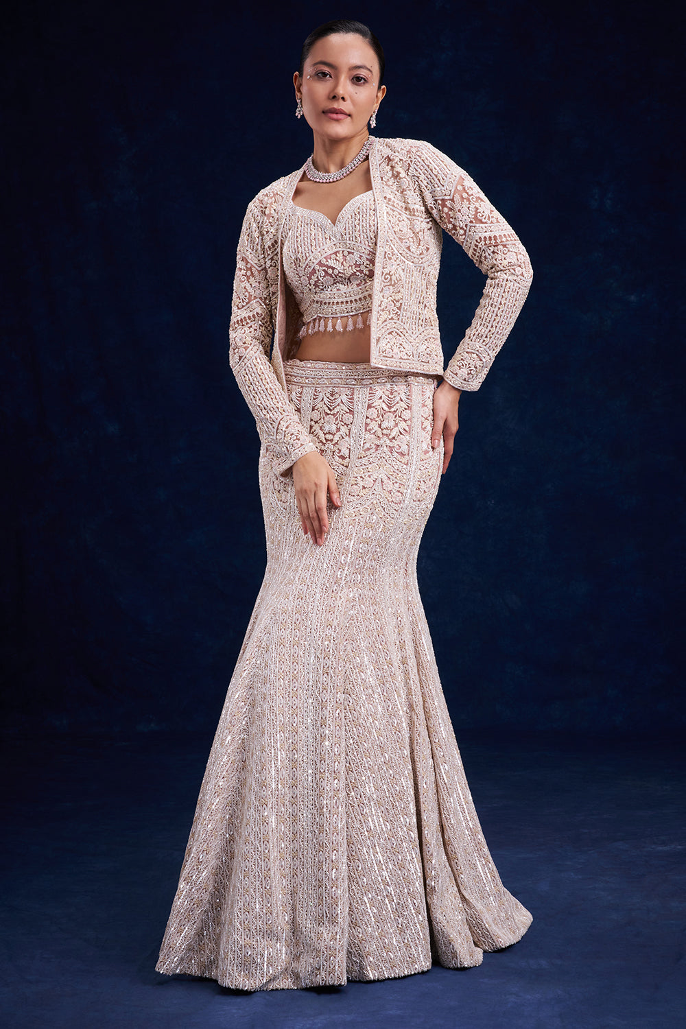 Lilac Net Bridal Lehenga with Pearl and Cutdana Work