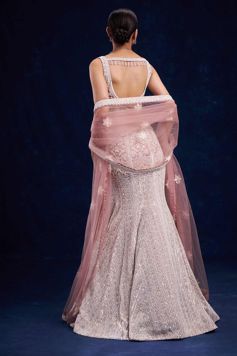 Lilac Net Bridal Lehenga with Pearl and Cutdana Work