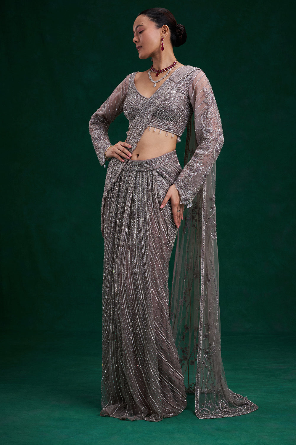 Lilac Net Ready Pleated Saree with Cutdana, Sequin and Bead Work