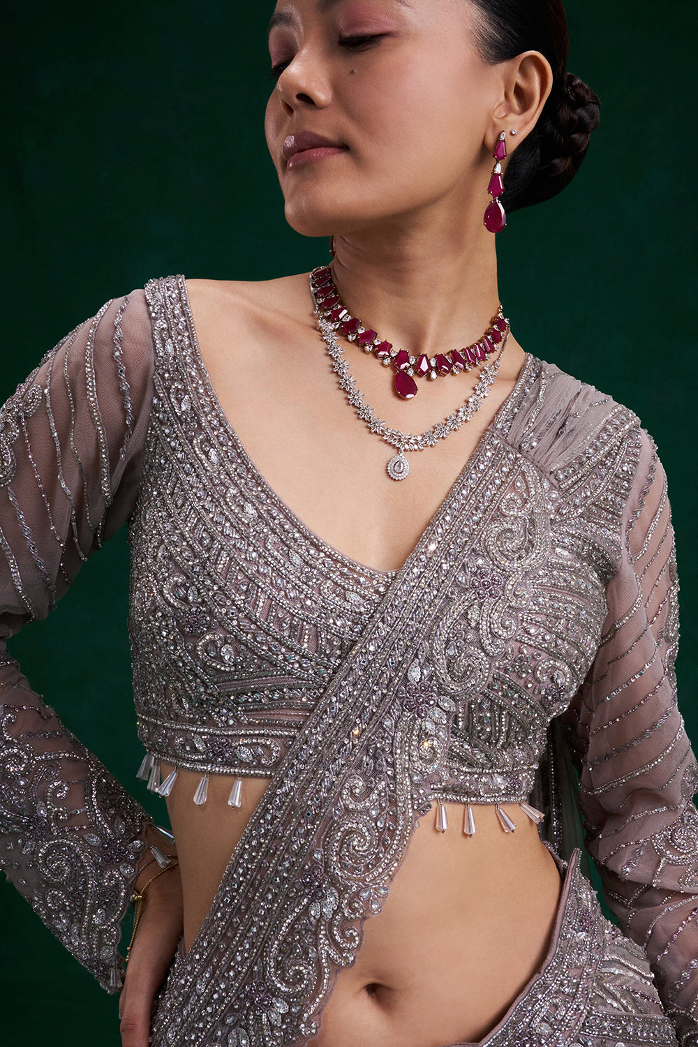 Lilac Net Ready Pleated Saree with Cutdana, Sequin and Bead Work