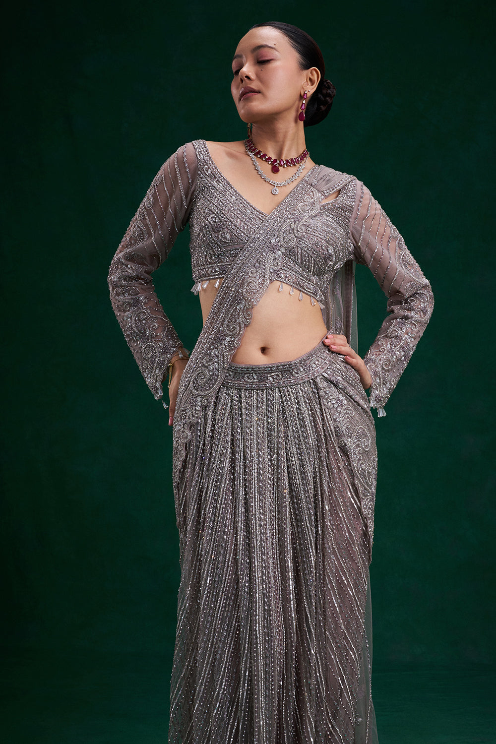 Lilac Net Ready Pleated Saree with Cutdana, Sequin and Bead Work