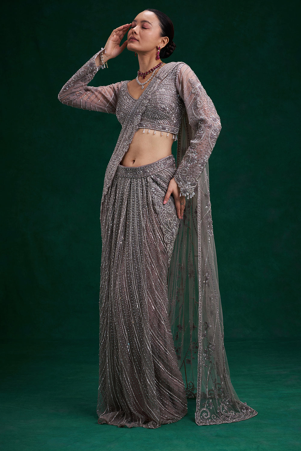 Lilac Net Ready Pleated Saree with Cutdana, Sequin and Bead Work