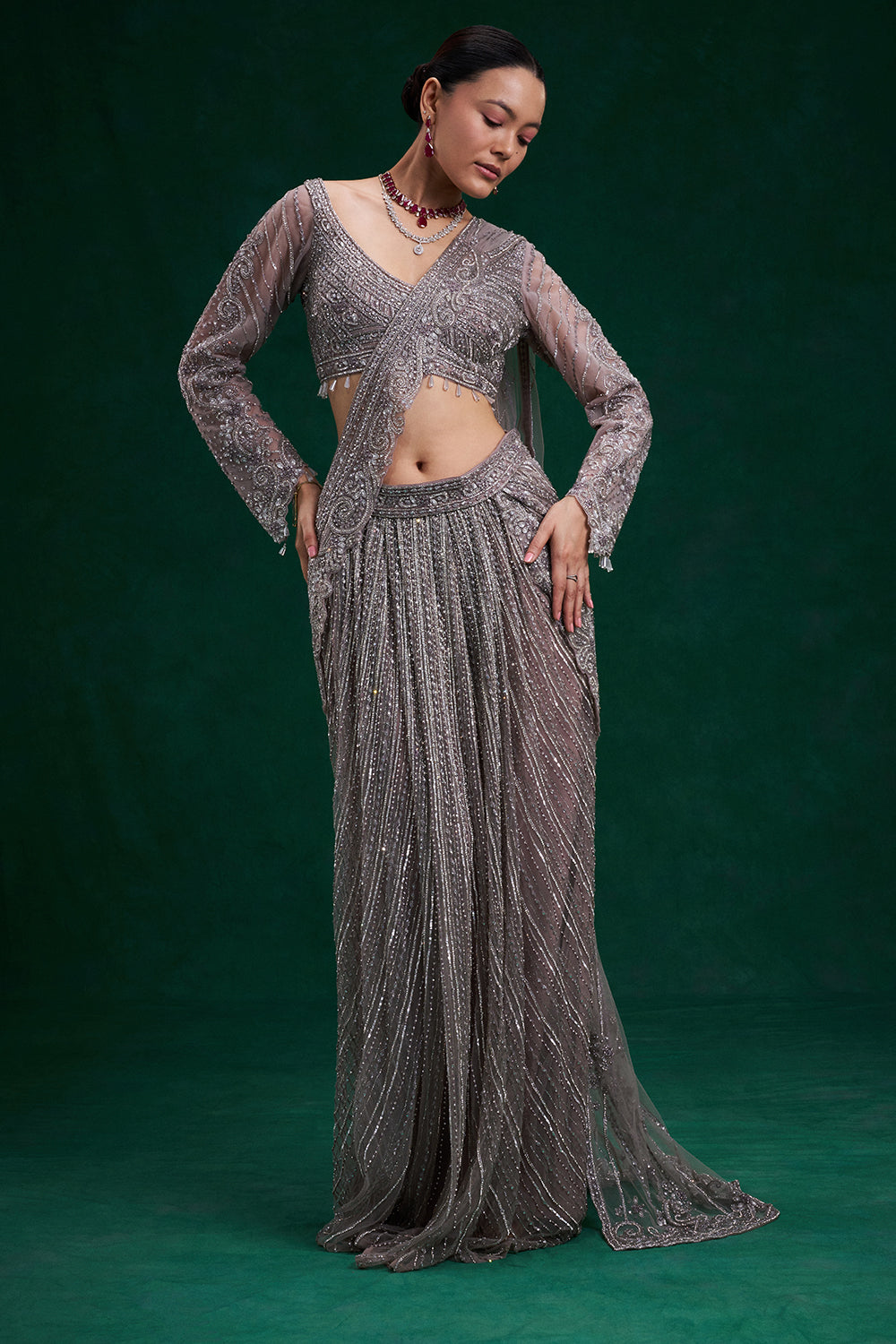 Lilac Net Ready Pleated Saree with Cutdana, Sequin and Bead Work