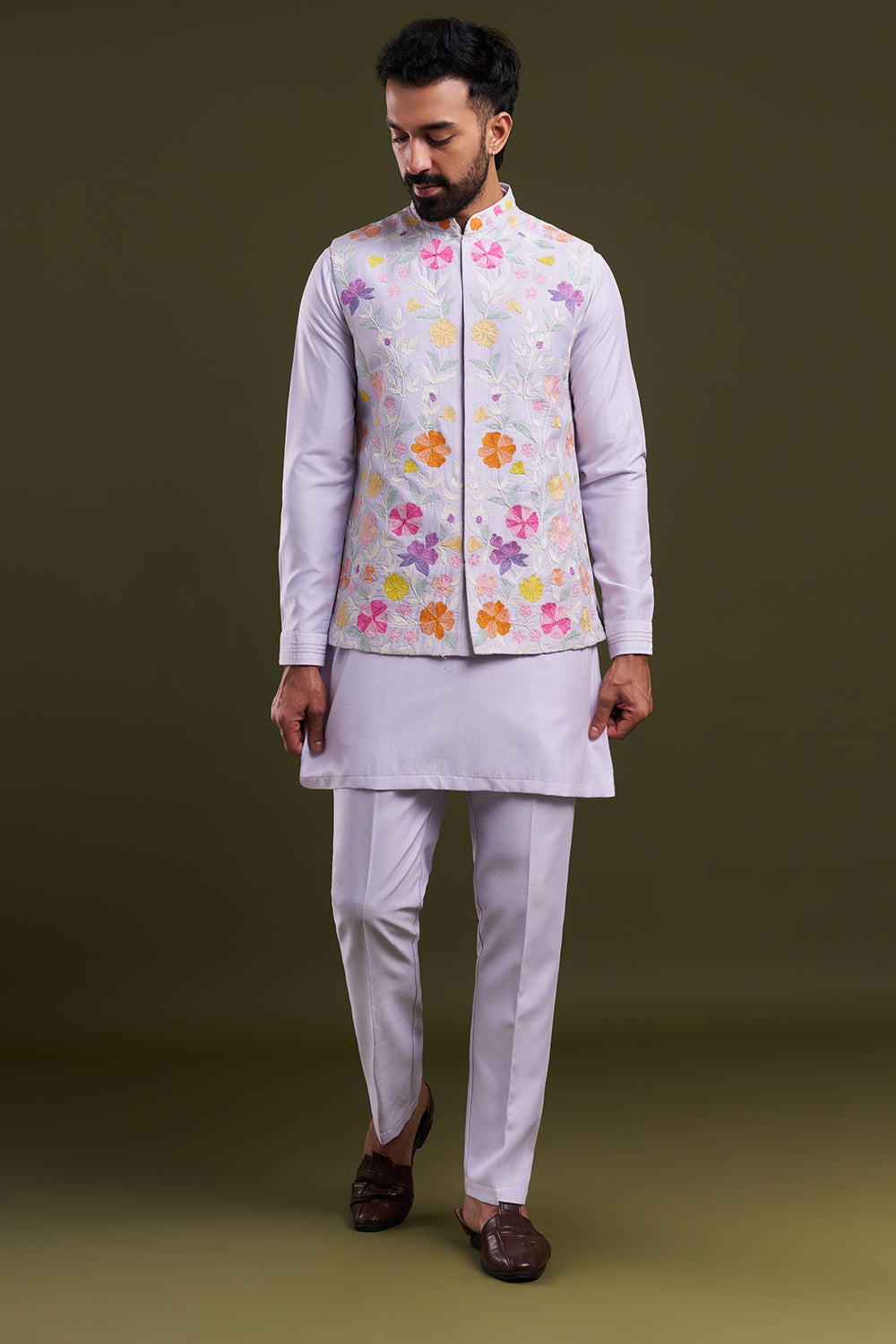 Lilac Nokia Silk Dori Work Men's Kurta with Jacket