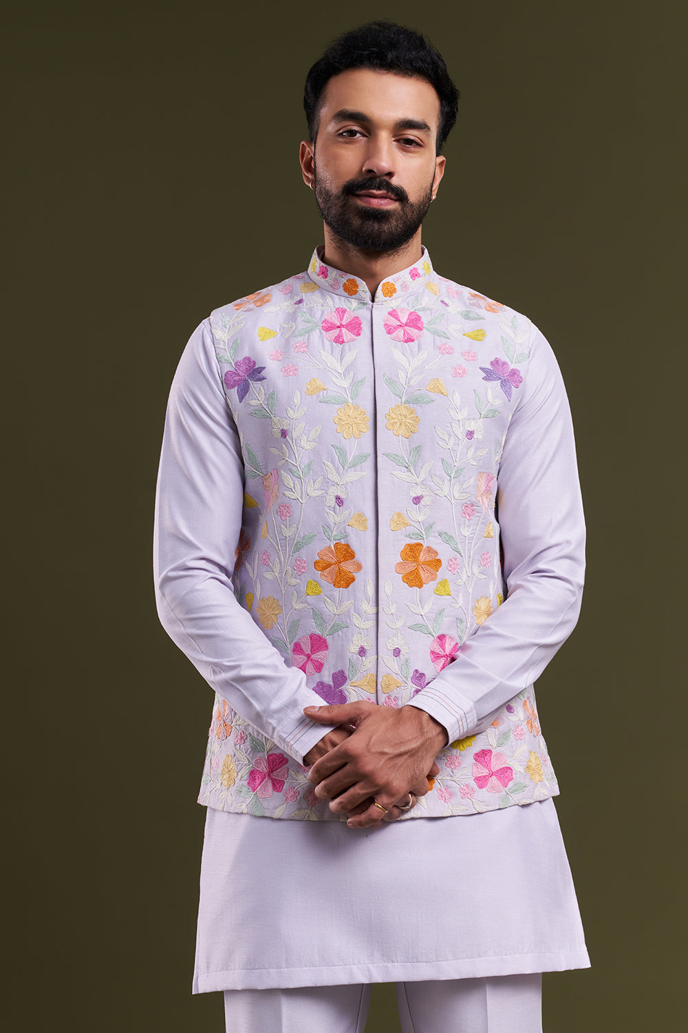 Lilac Nokia Silk Dori Work Men's Kurta with Jacket
