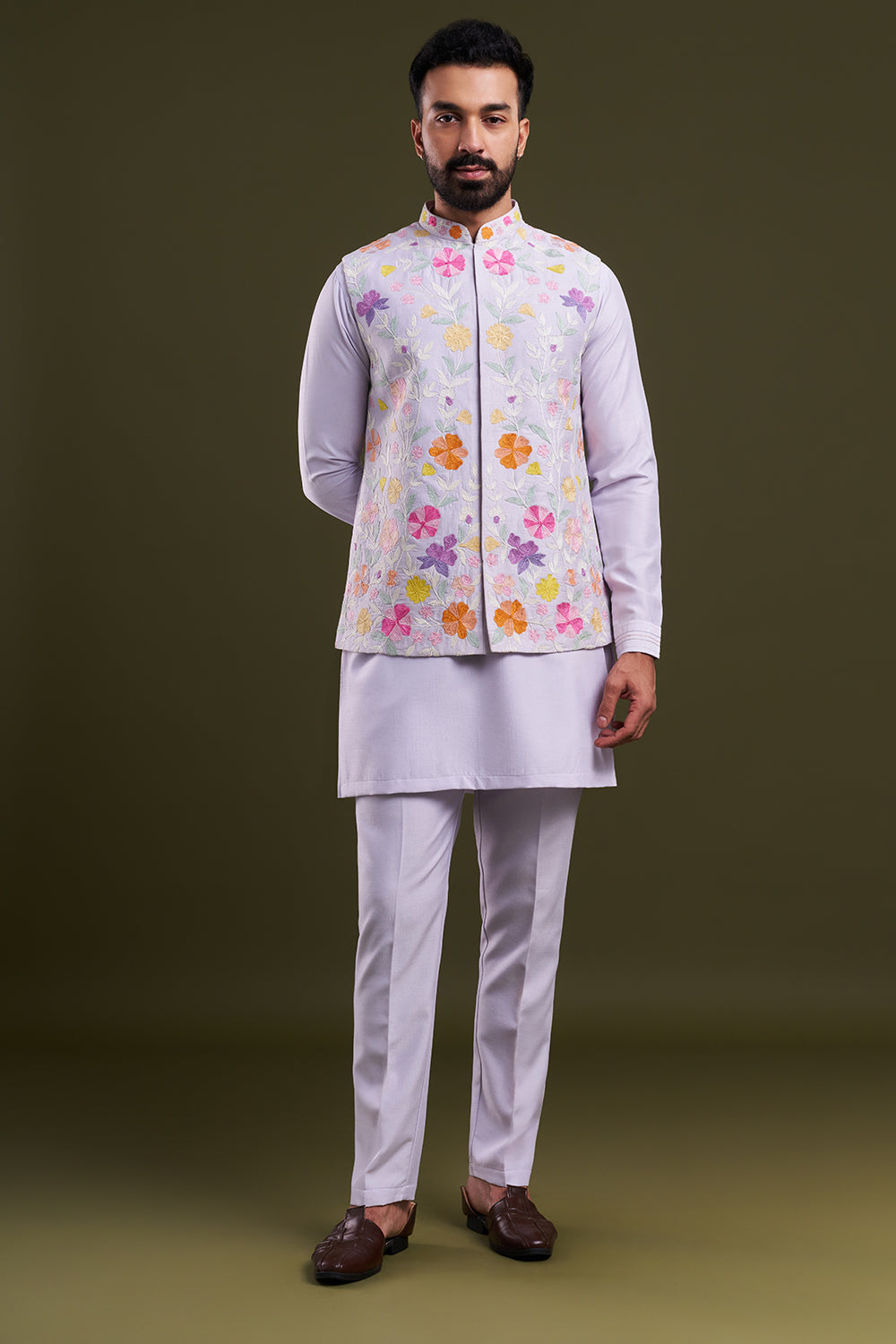 Lilac Nokia Silk Dori Work Men's Kurta with Jacket
