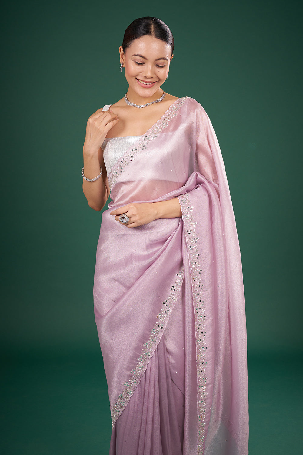 Lilac Organza Saree with Mirror Work and Unstitched Blouse