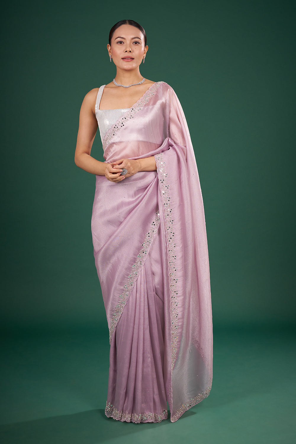 Lilac Organza Saree with Mirror Work and Unstitched Blouse