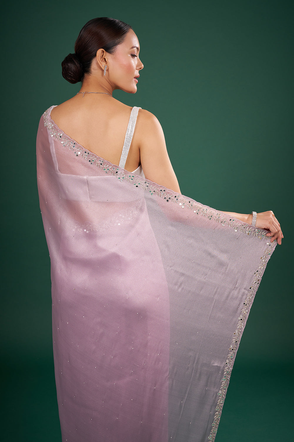 Lilac Organza Saree with Mirror Work and Unstitched Blouse
