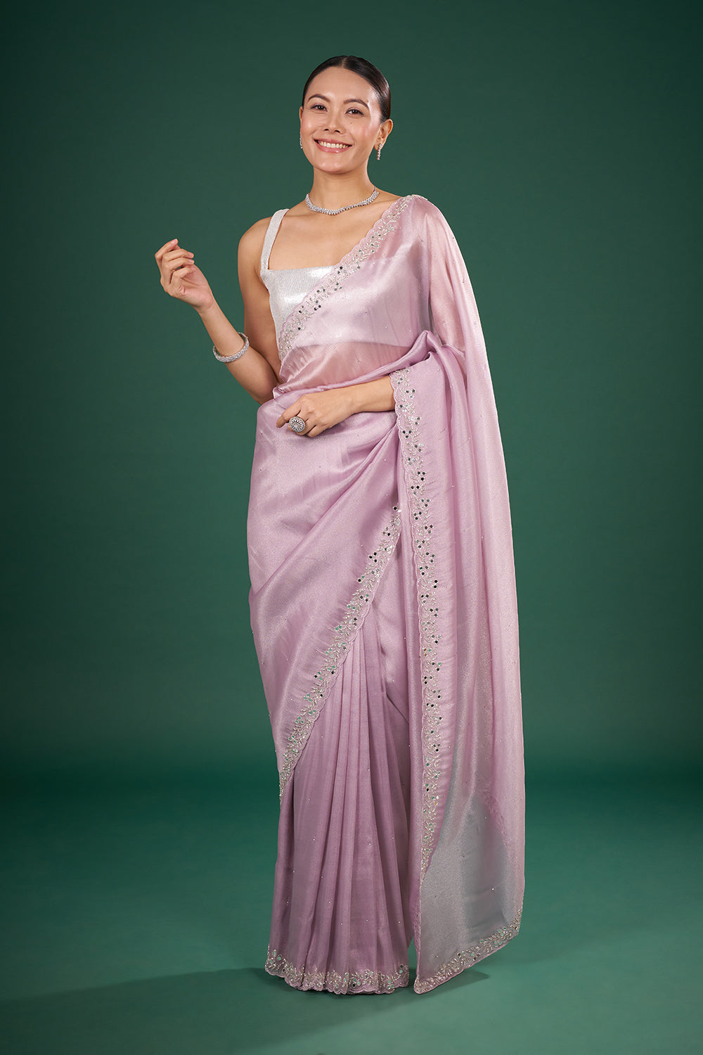 Lilac Organza Saree with Mirror Work and Unstitched Blouse