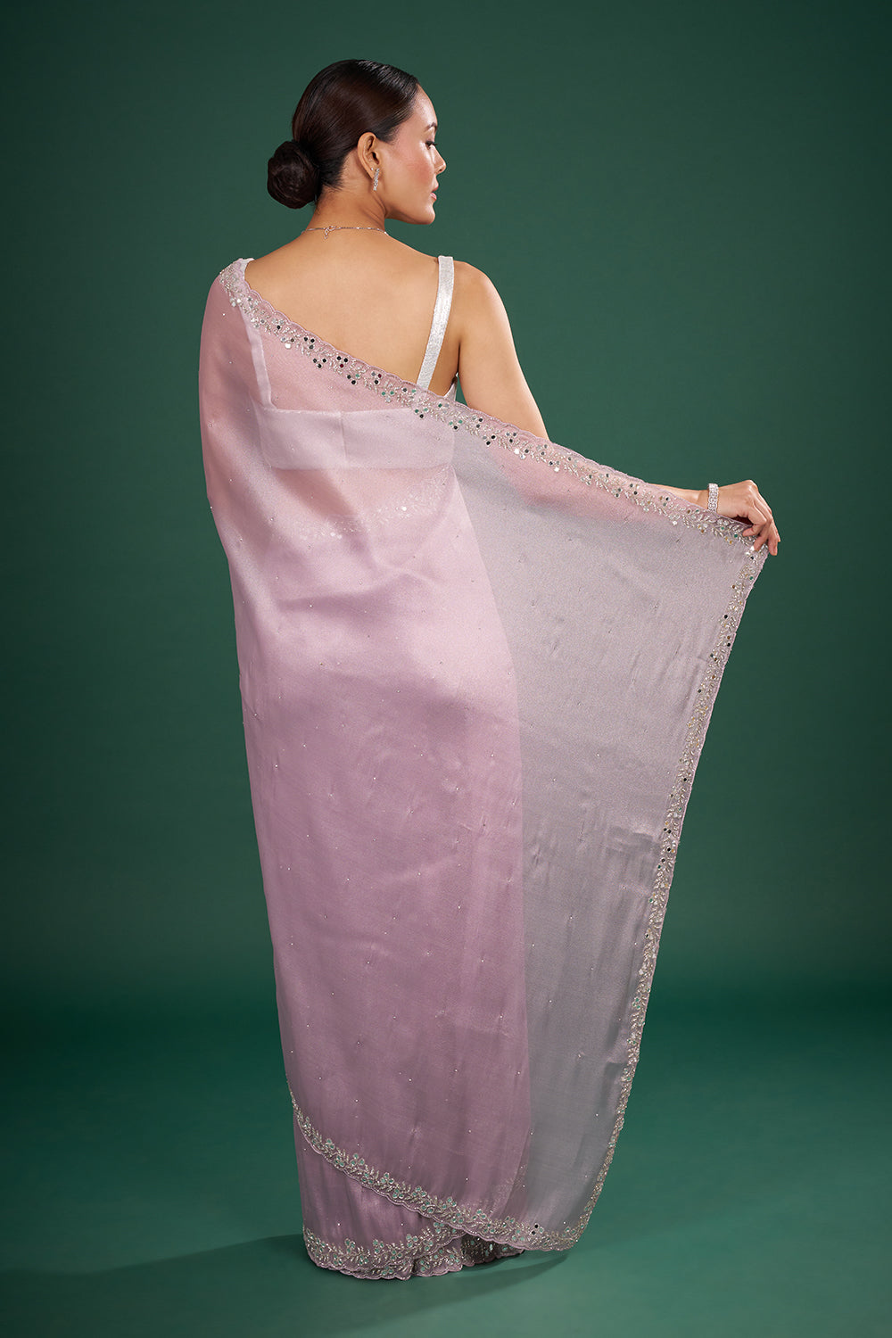 Lilac Organza Saree with Mirror Work and Unstitched Blouse