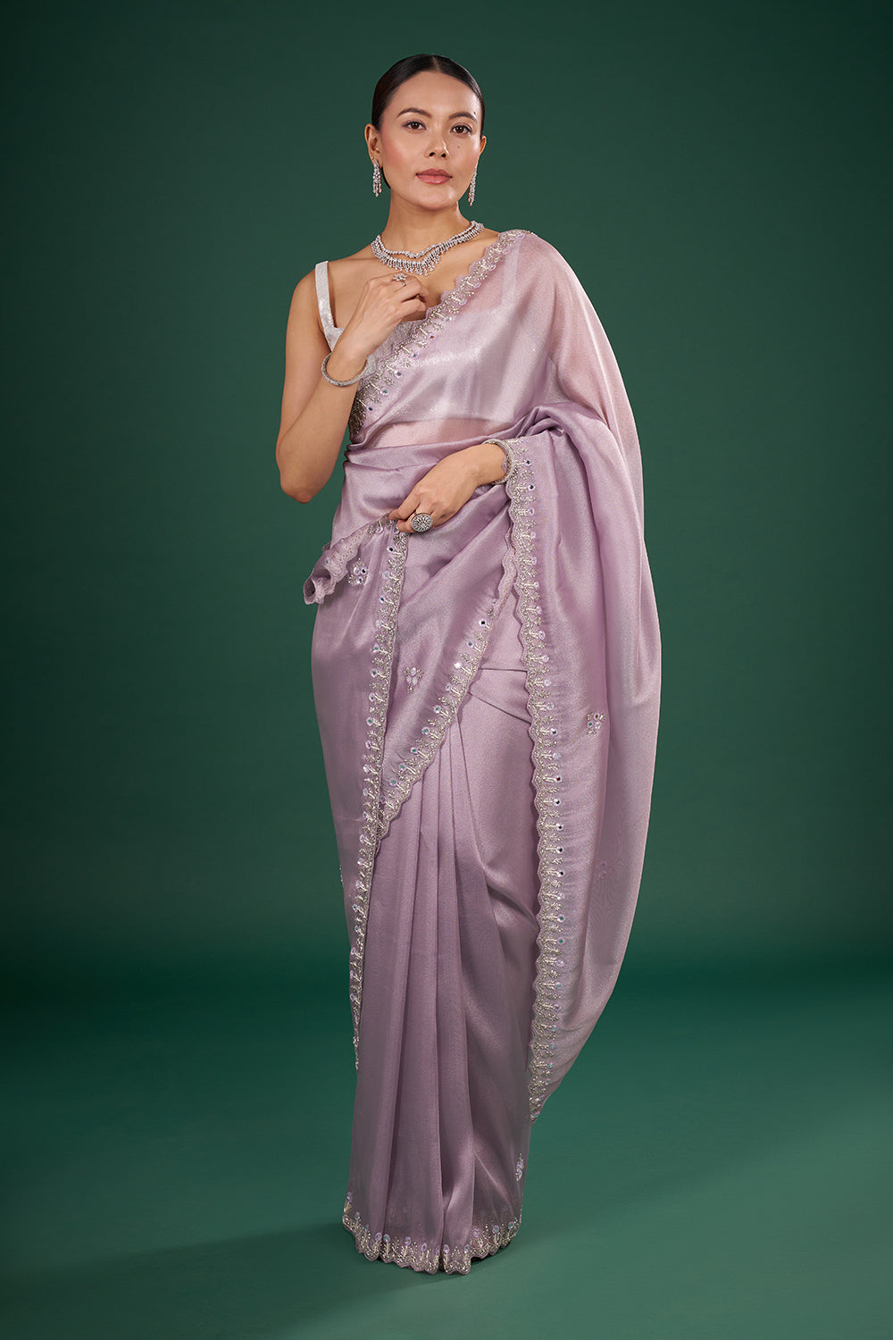 Lilac Shimmer Saree with Embroidered Border and Unstitched Blouse