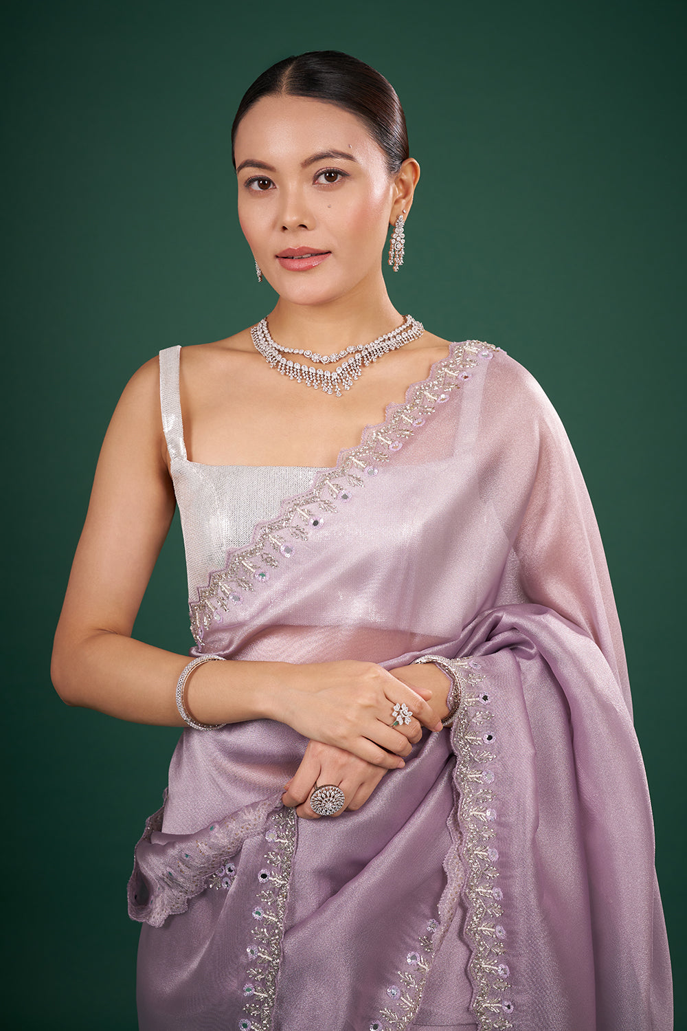 Lilac Shimmer Saree with Embroidered Border and Unstitched Blouse