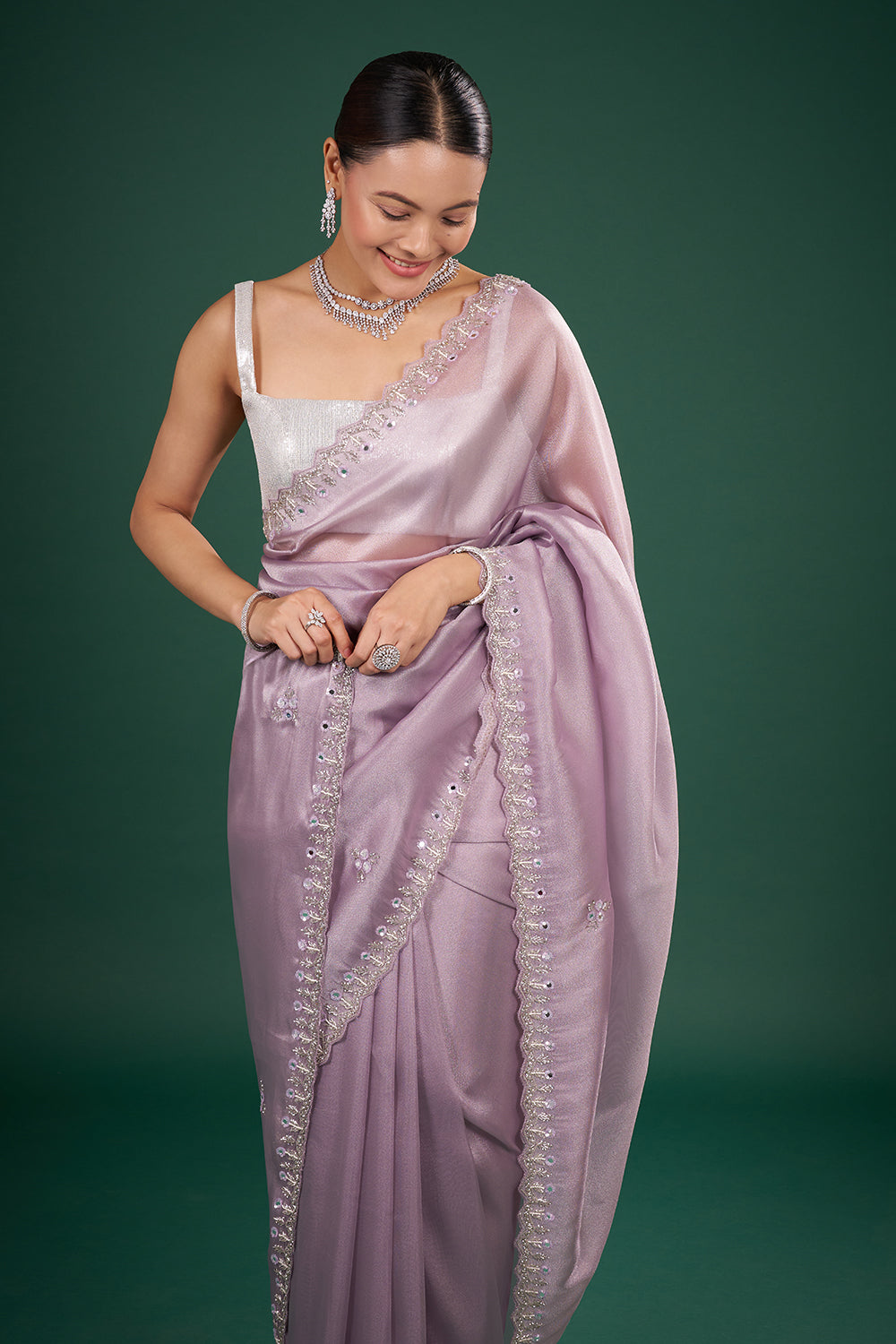 Lilac Shimmer Saree with Embroidered Border and Unstitched Blouse