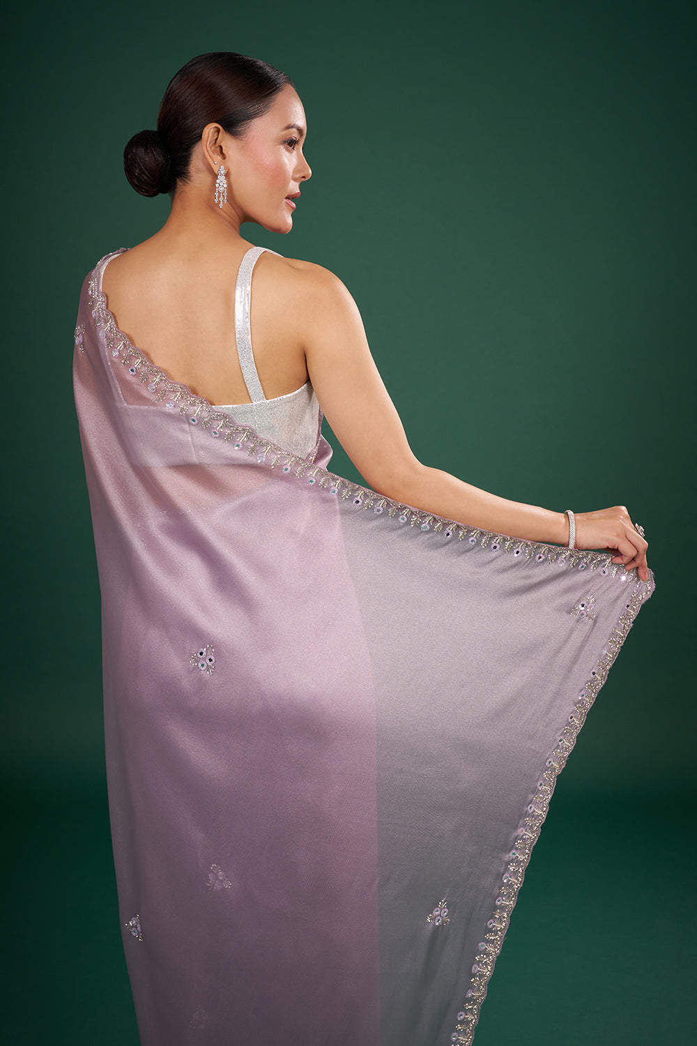 Lilac Shimmer Saree with Embroidered Border and Unstitched Blouse