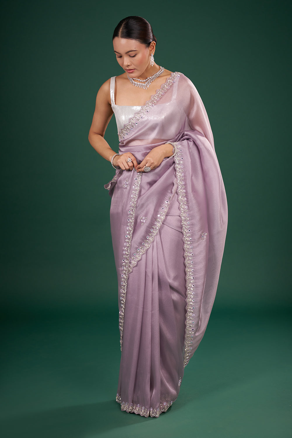 Lilac Shimmer Saree with Embroidered Border and Unstitched Blouse