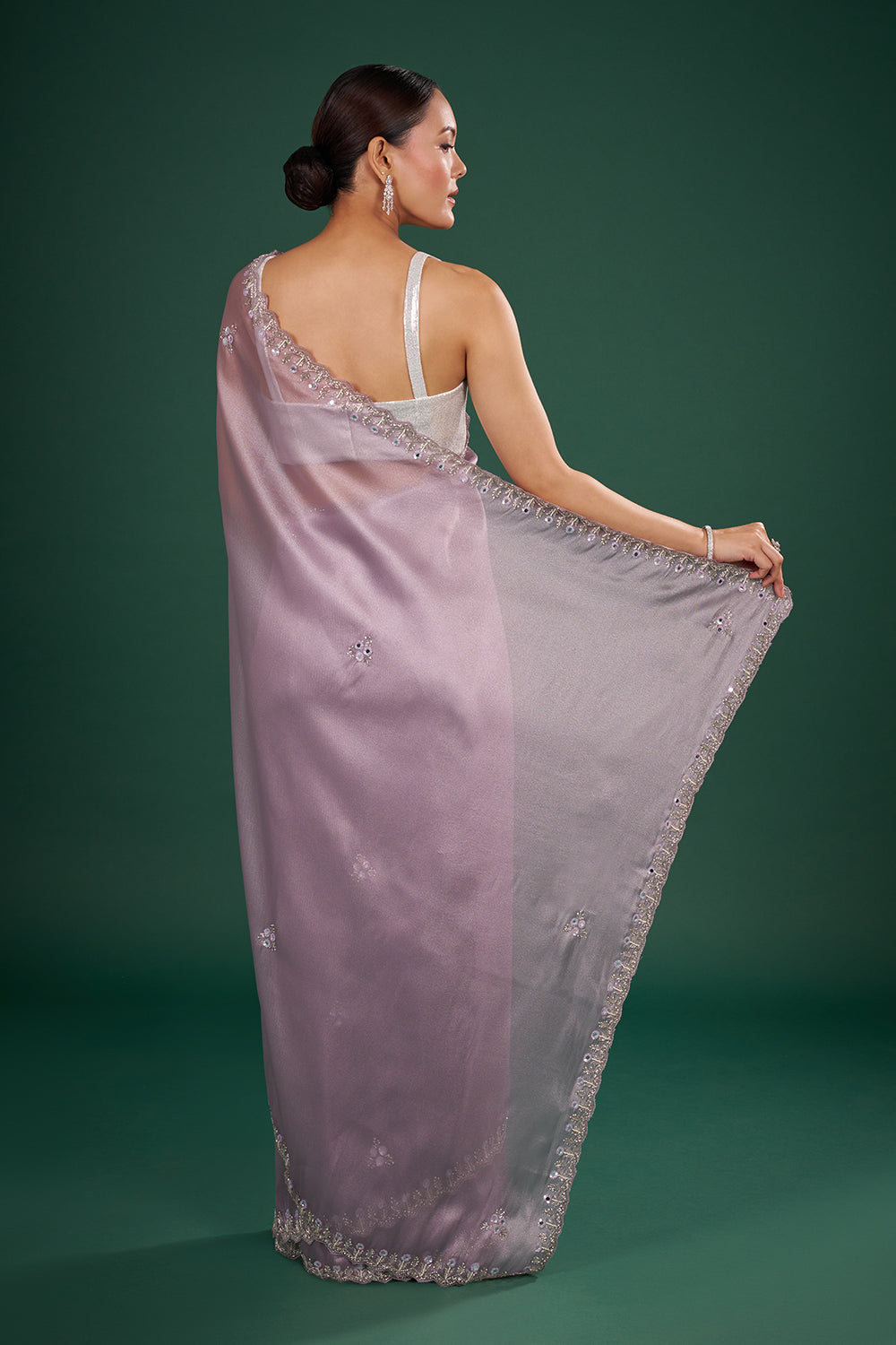 Lilac Shimmer Saree with Embroidered Border and Unstitched Blouse