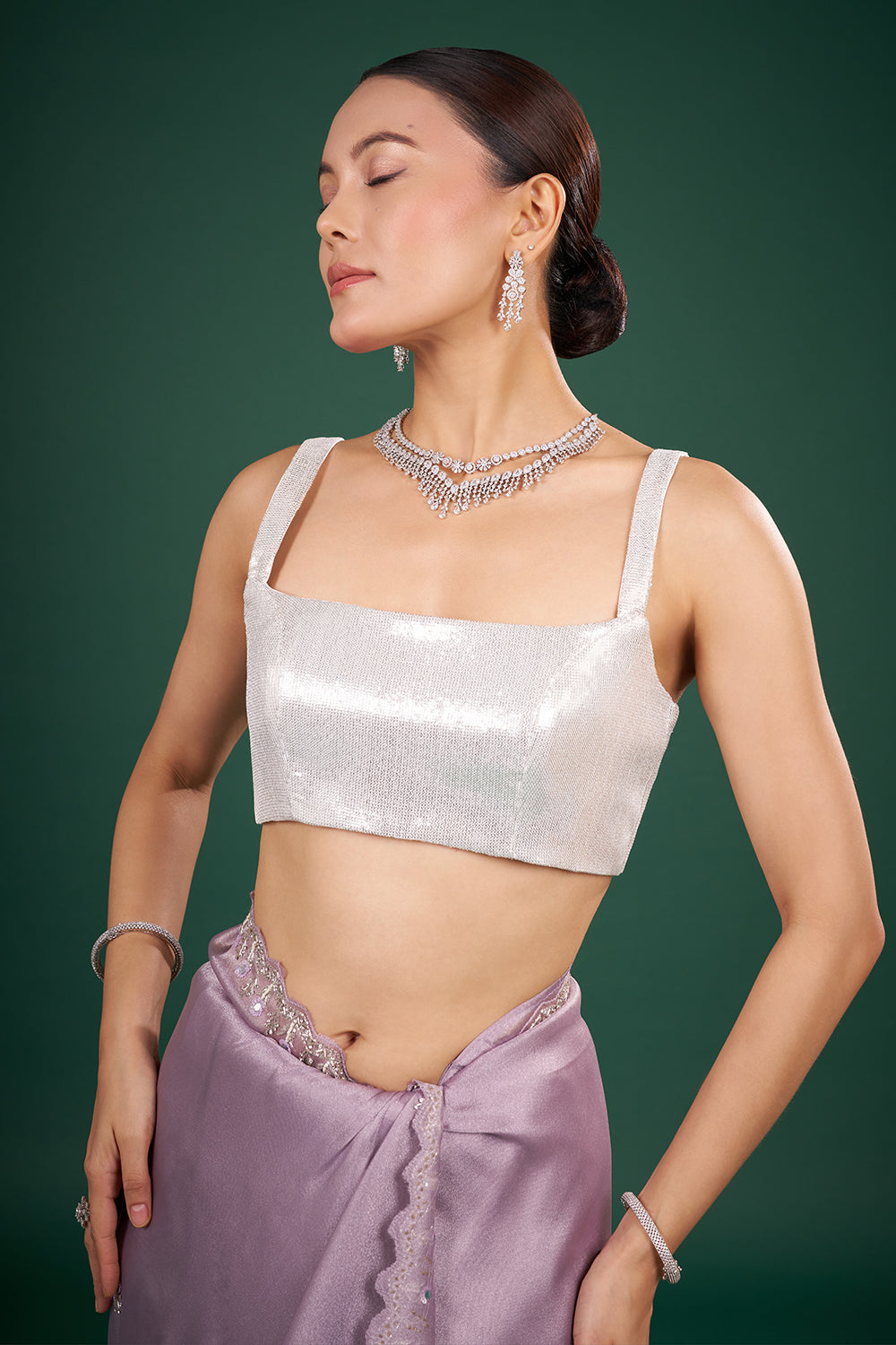 Lilac Shimmer Saree with Embroidered Border and Unstitched Blouse